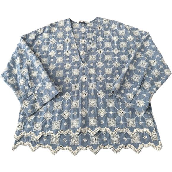 Zara Floral Embroidered Top Retro V-Neck Long-Sleeved high low top cotton small - Picture 5 of 16